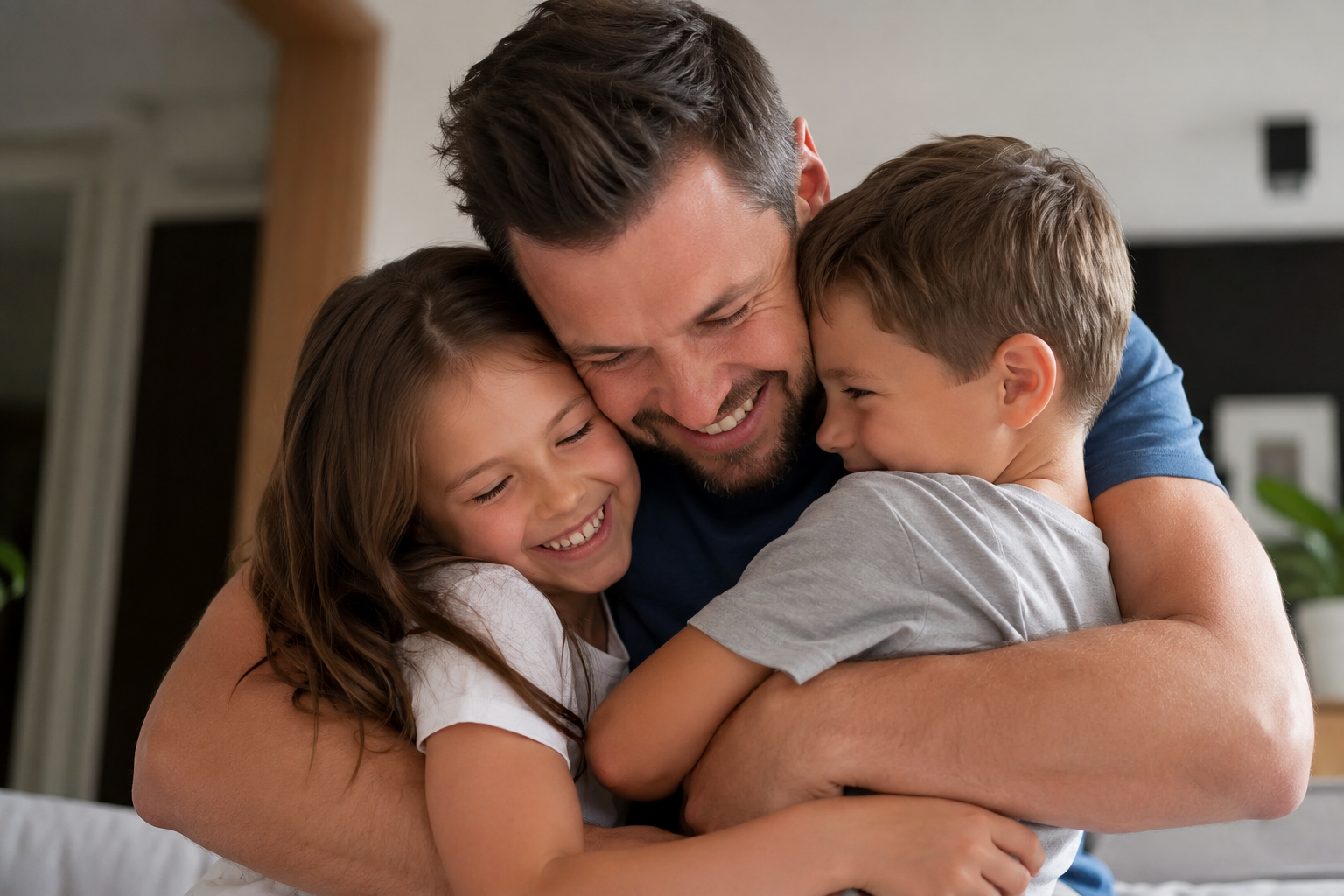 A father smiling and hugging his two young children at home
